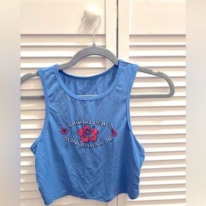 Shein/ blue graphic tank top with lite detail  pink floral in front of shirt